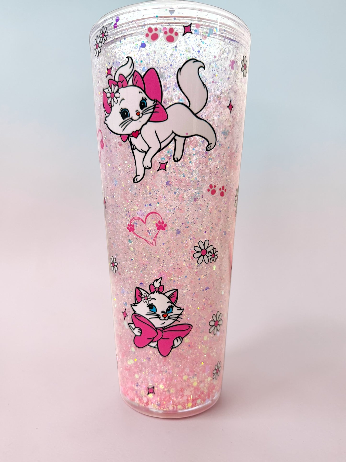 24oz Pink Bow Kitten Snowglobe Tumbler