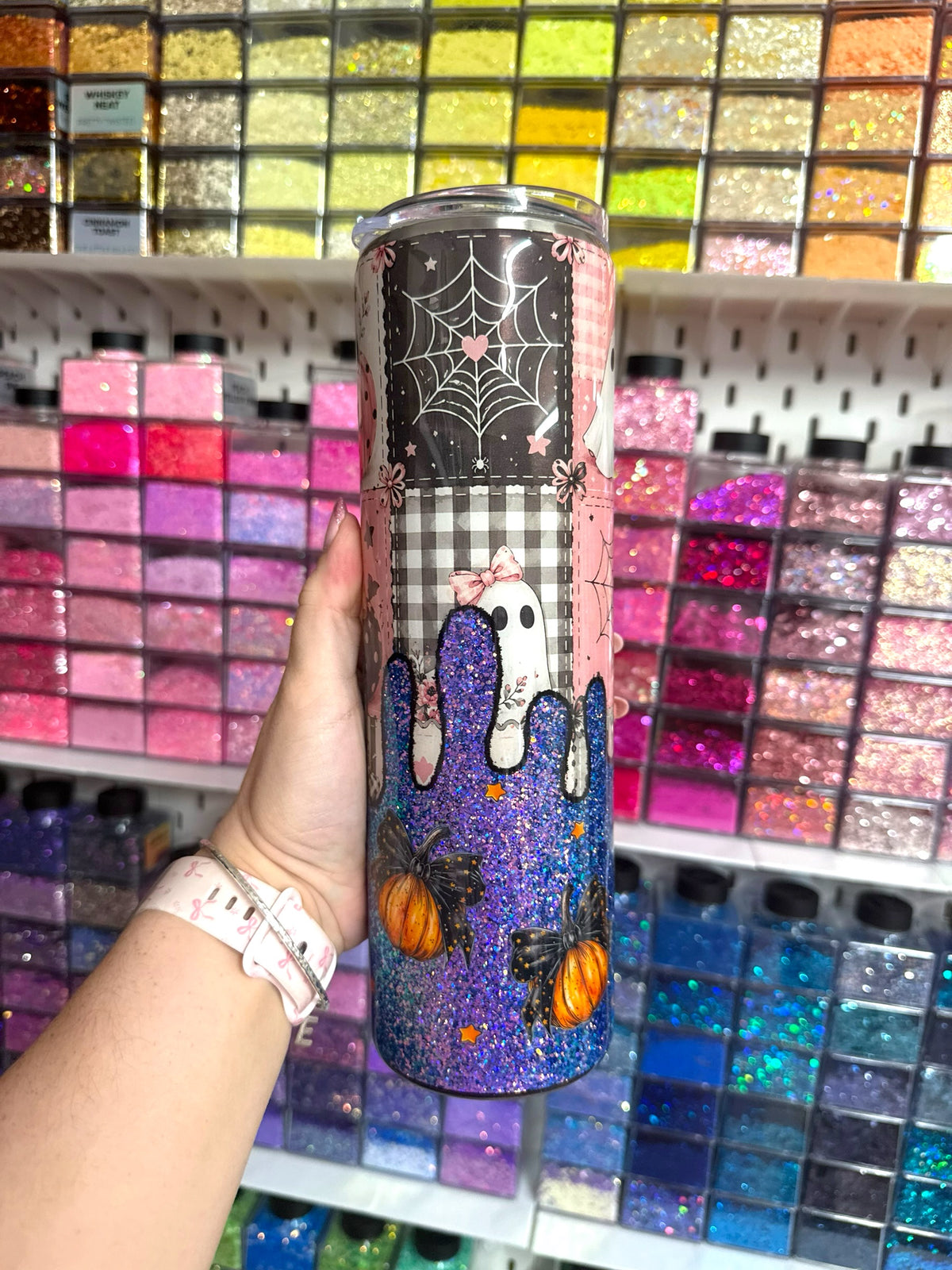 Pink Ghost Halloween 35oz Stainless Steel Glitter Resin Tumbler