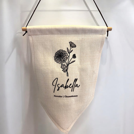 Personalised Birth Flower Hanging Linen Flag