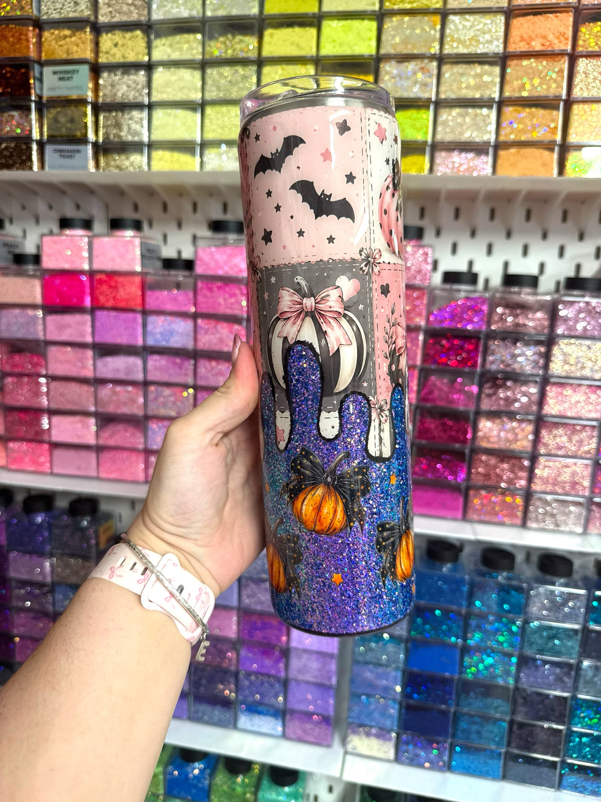 Pink Ghost Halloween 35oz Stainless Steel Glitter Resin Tumbler