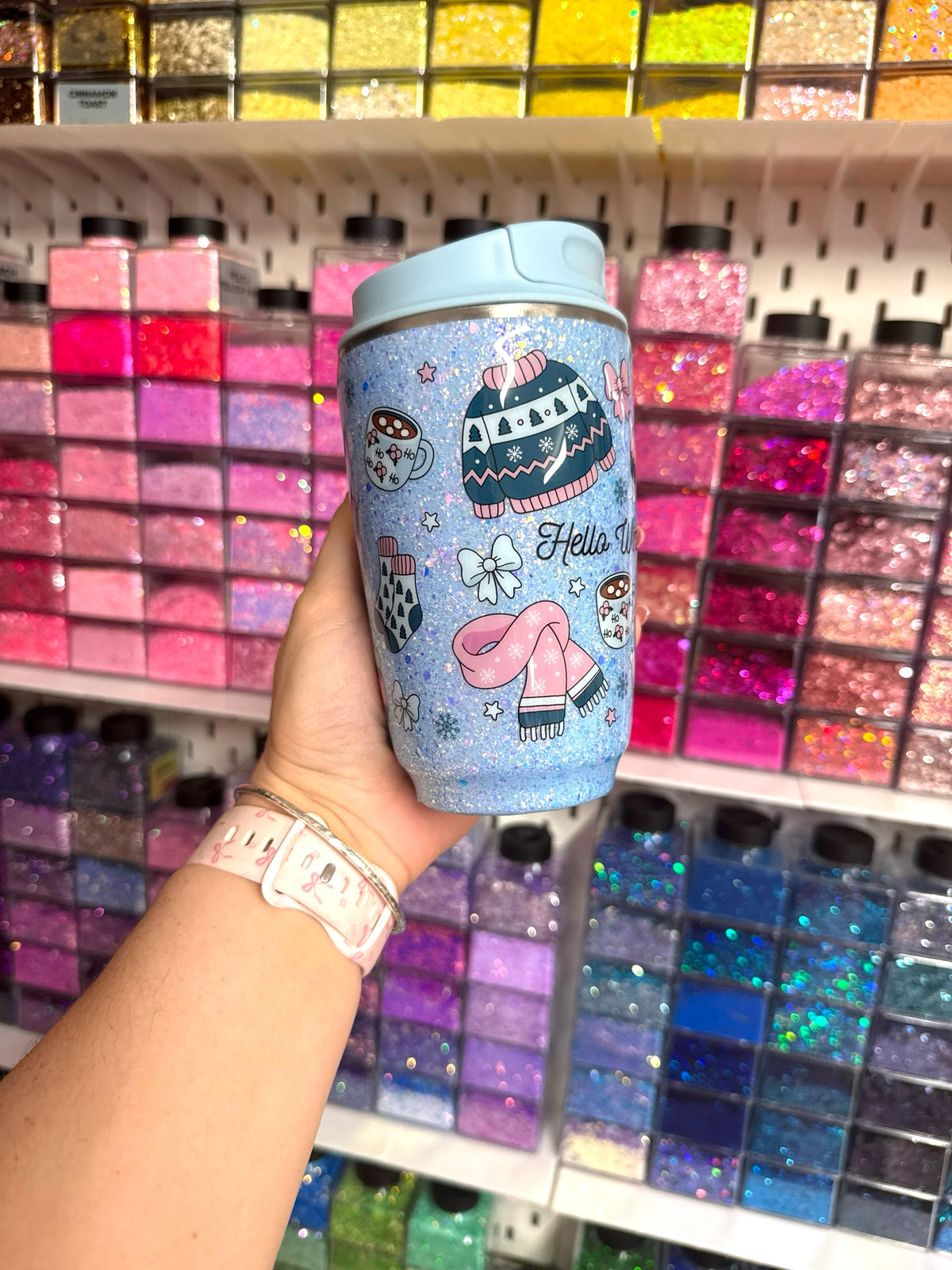 Hello Winter Blue Glitter Resin Travel Coffee Mug | 400ml