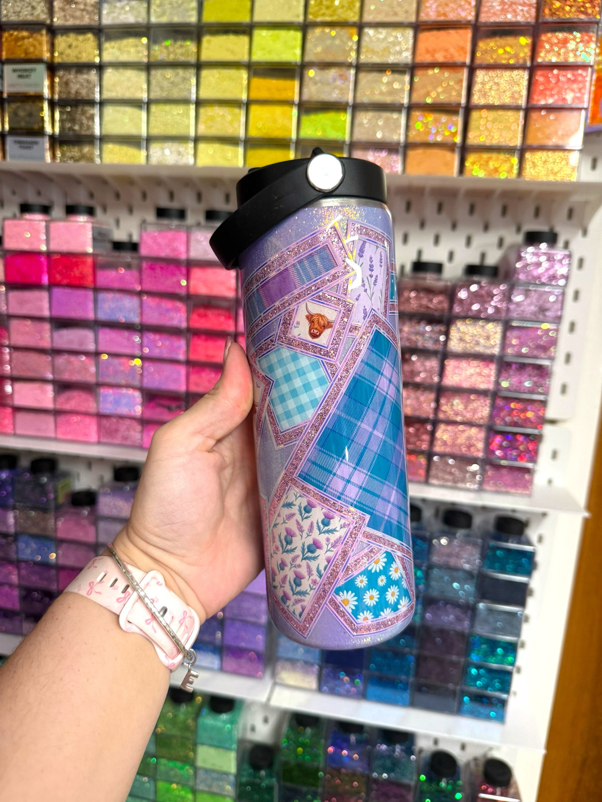 Highland Cow Patchwork 20oz Stainless Steel Resin Water Bottle