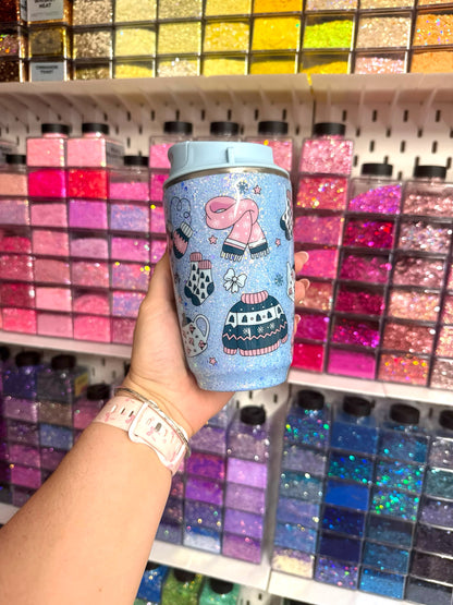 Hello Winter Blue Glitter Resin Travel Coffee Mug | 400ml
