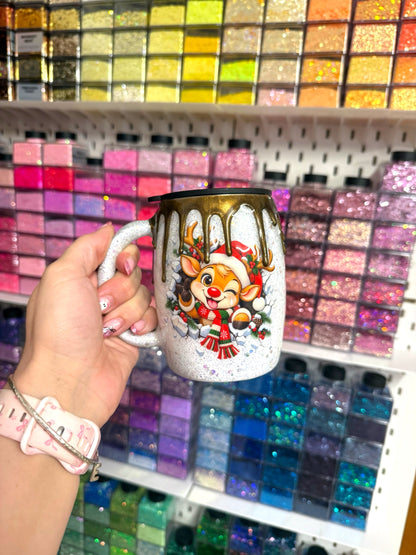 14oz Christmas Hot Chocolate Barrel Mug | Reindeer & Gingerbread Resin Tumbler