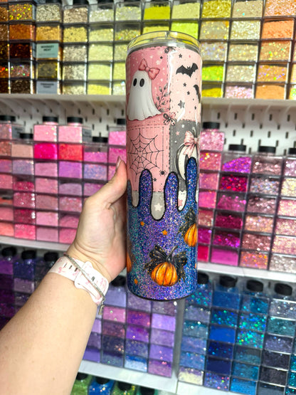 Pink Ghost Halloween 35oz Stainless Steel Glitter Resin Tumbler