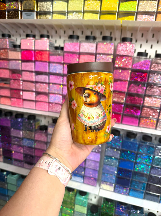 Floral Capybara 12oz Stainless Steel Resin Travel Coffee Cup