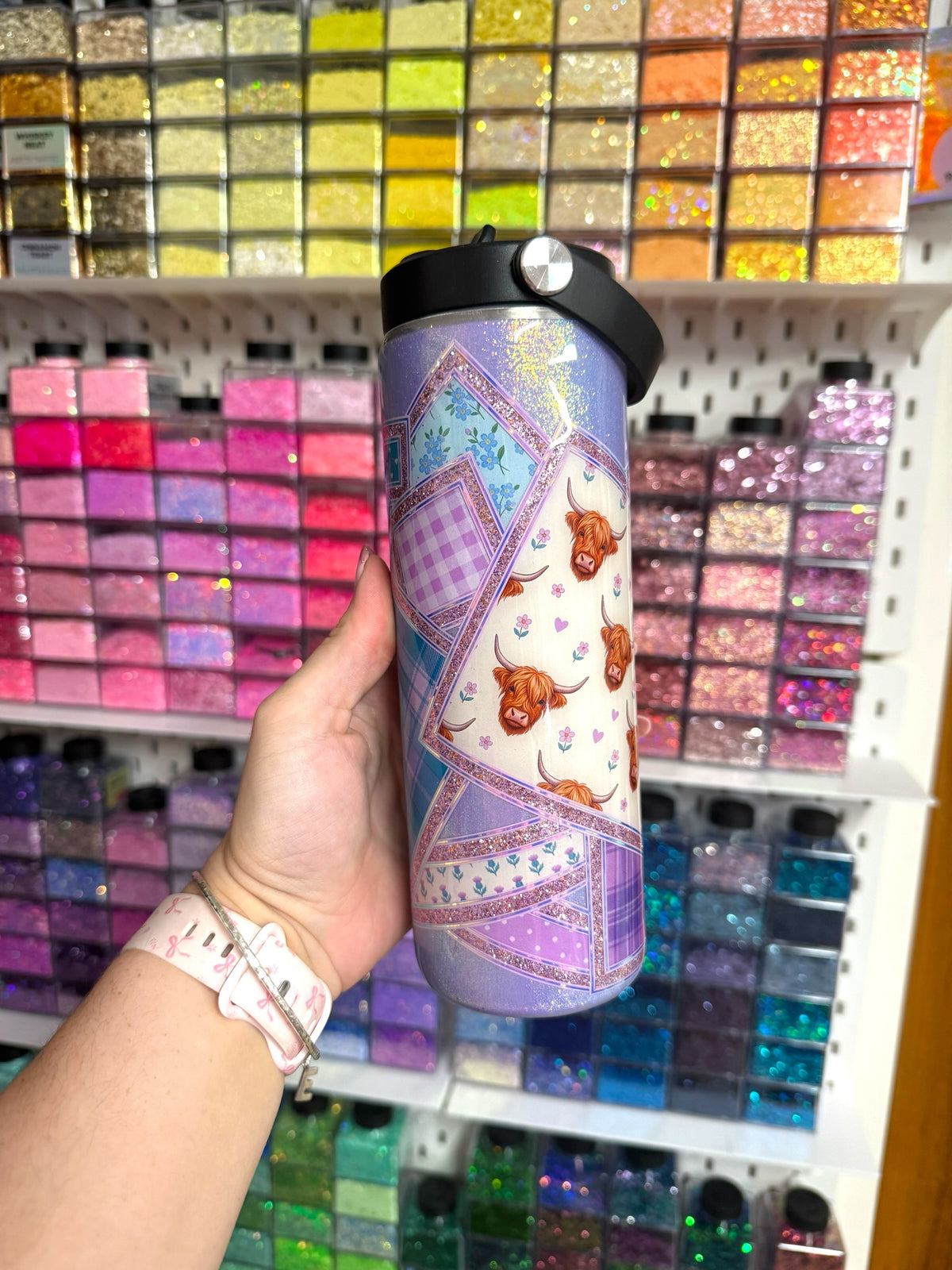 Highland Cow Patchwork 20oz Stainless Steel Resin Water Bottle