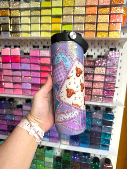 Highland Cow Patchwork 20oz Stainless Steel Resin Water Bottle