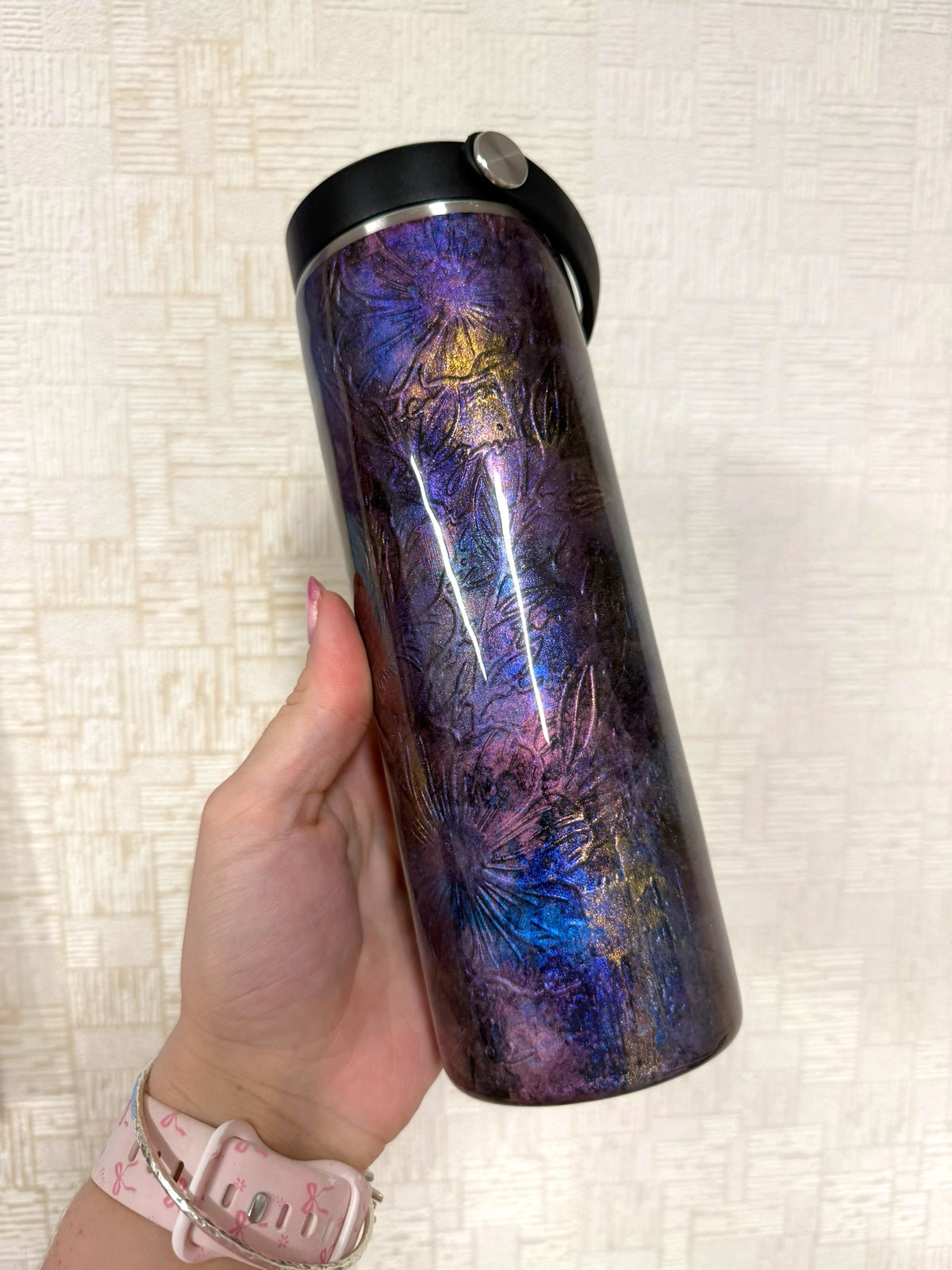 Iridescent Purple Floral 20oz Stainless Steel Resin Water Bottle
