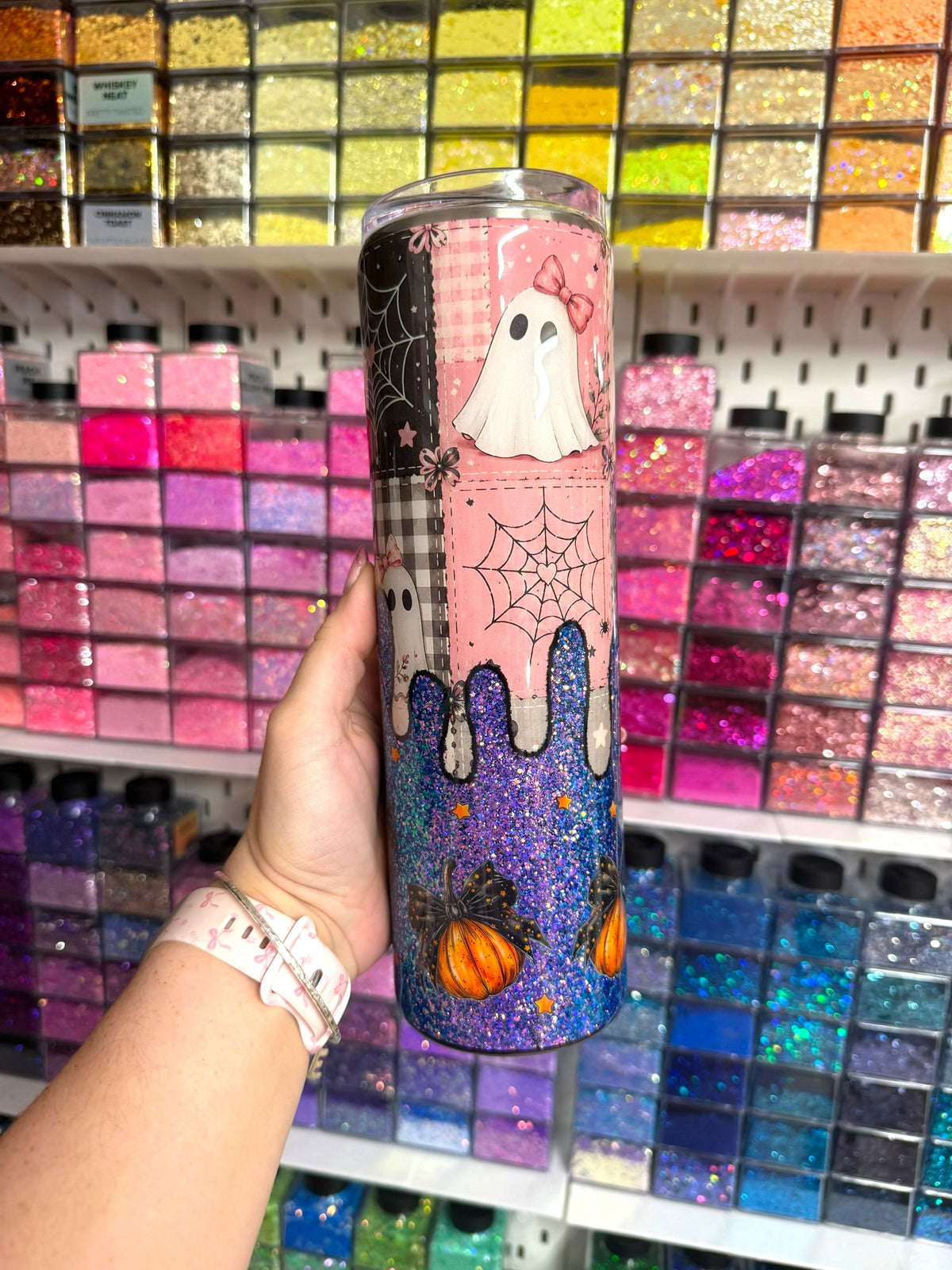 Pink Ghost Halloween 35oz Stainless Steel Glitter Resin Tumbler