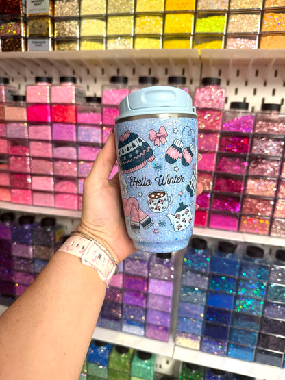 Hello Winter Blue Glitter Resin Travel Coffee Mug | 400ml