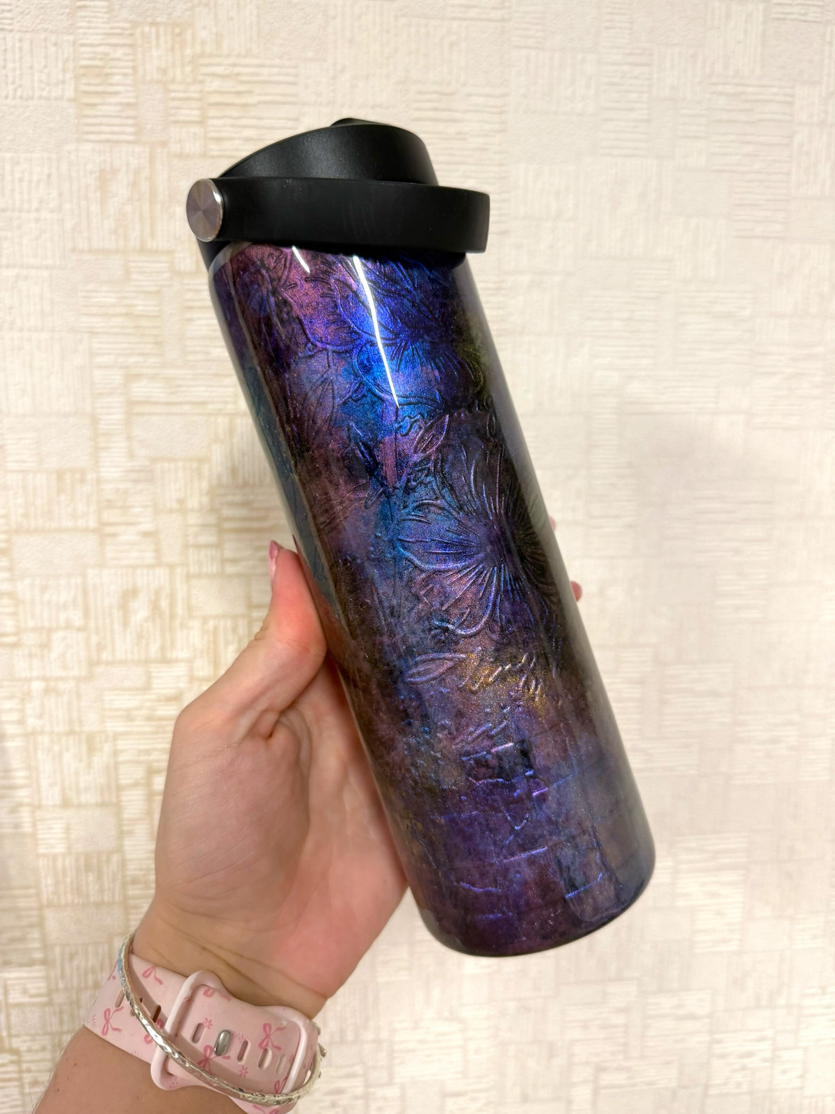 Iridescent Purple Floral 20oz Stainless Steel Resin Water Bottle