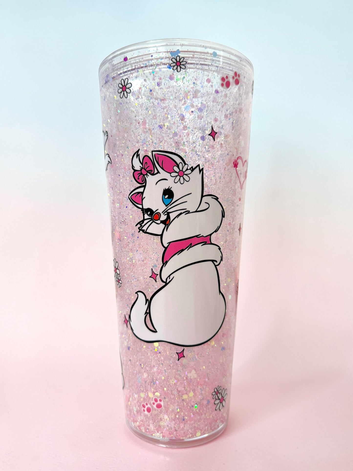 24oz Pink Bow Kitten Snowglobe Tumbler